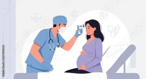 Medical Professional Checking the Temperature of a Pregnant Woman in a Clinic Setting