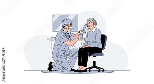 Medical Professional Checking the Temperature of an Elderly Patient's Ear with a Device