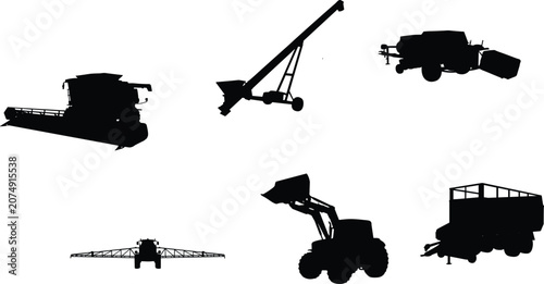 Tableau sur toile Set of agricultural machinery silhouettes including combine harvester tractor fr