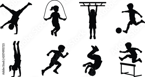 Cuadro en lienzo Set of children silhouettes doing sports and active activities isolated on white