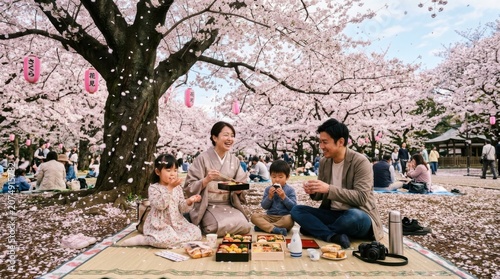 Family Enjoying Cherry Blossom Picnic In Spring Park
