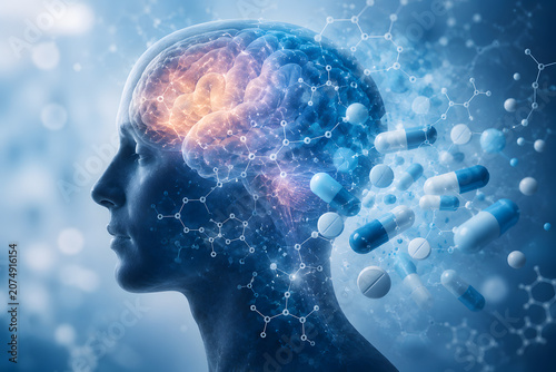 Human head with floating prescription tablets transforming into peaceful blue sky, anxiety treatment, emotional stability and medical care concept