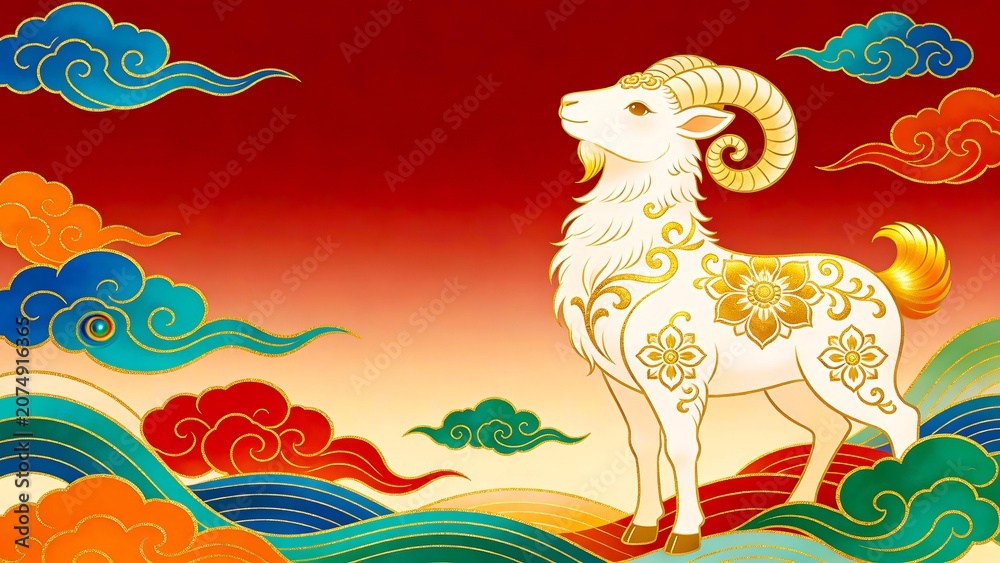 Fototapeta premium Ornate Golden Pattern Goat with Colorful Auspicious Clouds