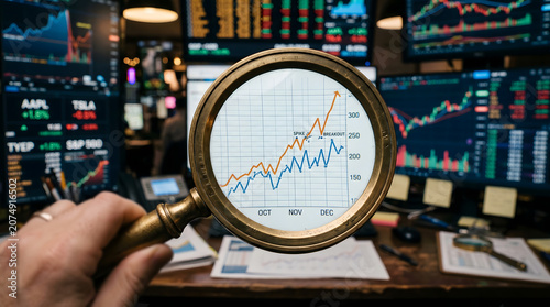 Canvastavla Stock market analysis with magnifying glass on graph