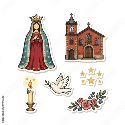 Foto Día de la Virgen del Carmen Cute Doodle Sticker Icon Set – Religious Celebration