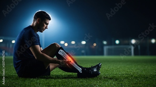 Soccer player experiencing shin pain on the field at night, with a skeletal overlay highlighting a tibia injury.