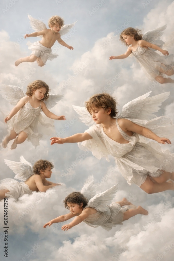 Obraz premium Angelic children flying among clouds.