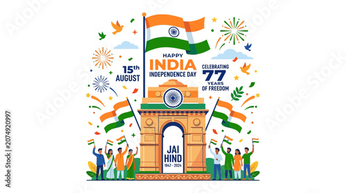 Indian Independence Day Celebration Illustration with People National Flag and Landmark
