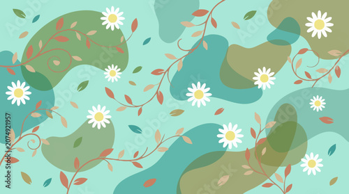 Flat design floral background with white daisies, vines, and organic shapes