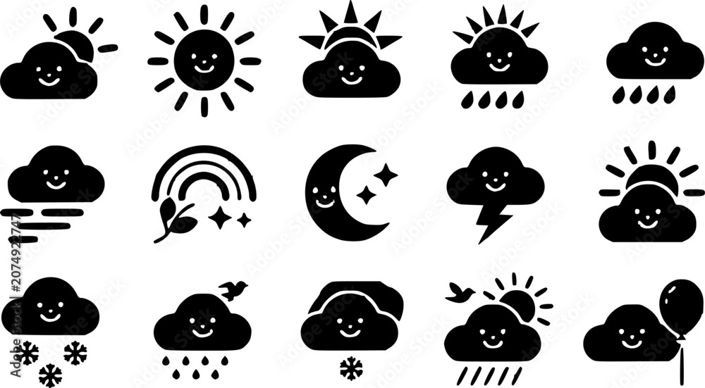 Naklejka premium Cute meteorology weather forecast vector silhouette icon set featuring smiling cartoon suns, happy clouds, rain showers, starry crescent moons, lightning storms, and winter snowflakes.