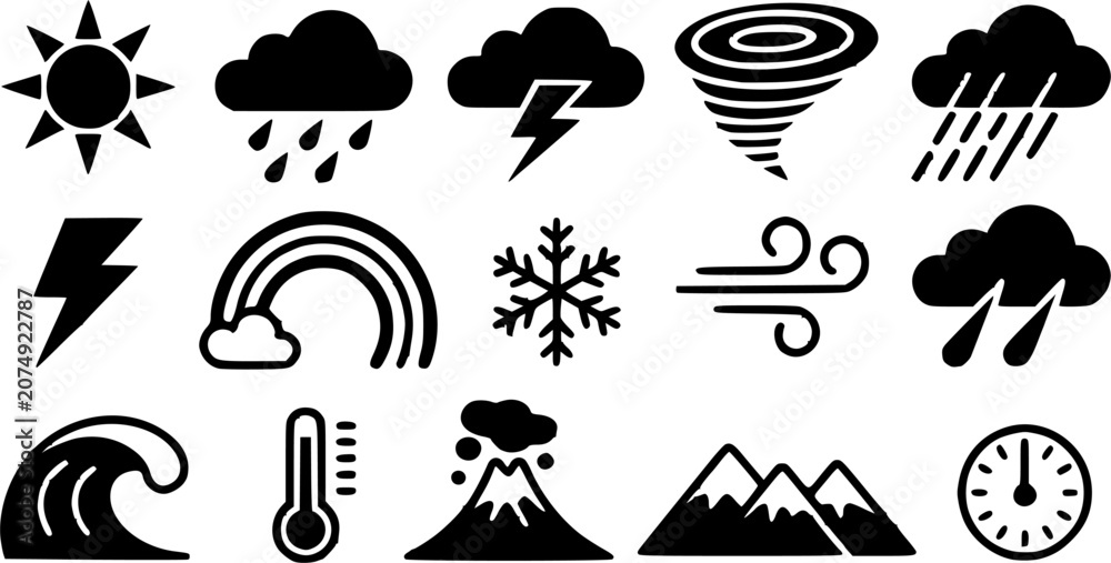 Naklejka premium Minimalist weather forecast and natural disaster vector silhouette icon set featuring storm clouds, lightning thunderbolts, winter snowflakes, volcano eruptions, and tsunami ocean waves.