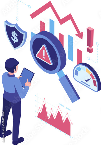 Isometric Businessman Analyzing Business Risk with Falling Graph