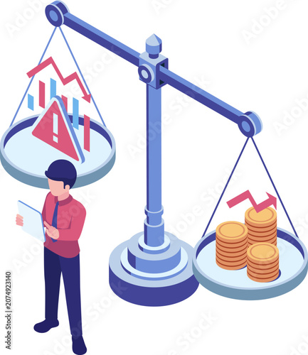 Isometric Businessman Weighing Risk and Reward on a Scale