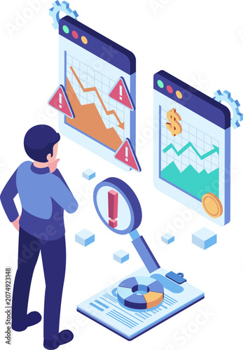 Isometric Businessman Evaluating Risk vs Reward with Financial Charts