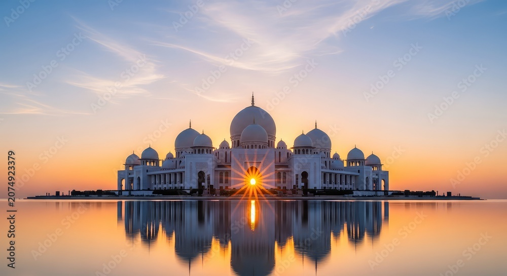 Obraz premium A peaceful morning scene showing a grand architectural building with domes over a still sea as the bright sun rises on the horizon line, tranquility, light, sunrise