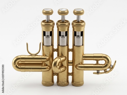 Detailed 3D rendering of a brass trumpet valve block assembly showcasing precision musical instrument mechanics