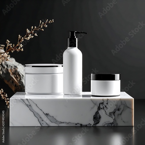 White Cosmetic Products on Marble Stand.