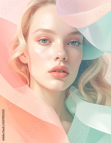 Woman face with colorful makeup design.