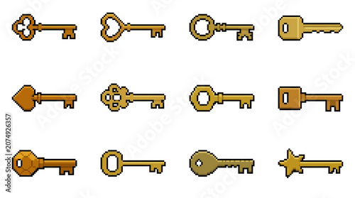 Decorative brass pixel art key icon collection.