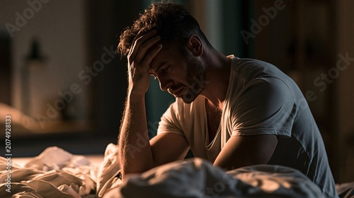 Weary man sits in bed, hand on forehead, eyes closed, bathed in dim, warm light.