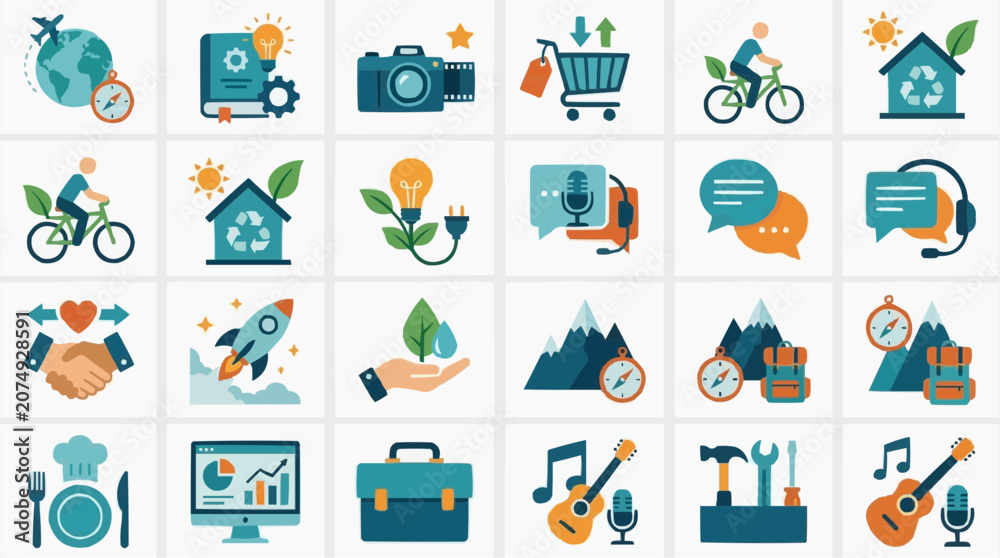 Fototapeta premium Collection of diverse flat design icons representing travel business technology and lifestyle concepts