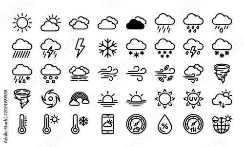 Weather Editable Stroke Outline Icons Set with Sun Rain Cloud Snow and Forecast Symbols