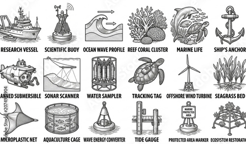 Photos Oceanography and Marine Technology Line Icon Set – Environmental Conservation Ve