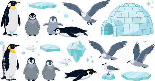 Konstfotografi Arctic polar wildlife vector set with cartoon emperor penguin, baby chicks, seagulls, igloo house, icebergs, and winter elements isolated on white background