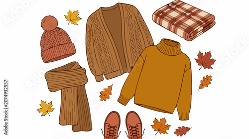 Cozy Autumn and Winter Fashion Essentials with Fall Leaves Illustration
