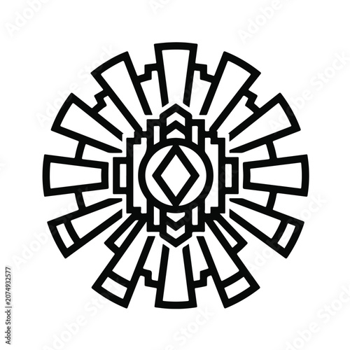 Abstract black and white geometric mandala emblem with symmetrical line art sunburst patterns for creative graphic design projects.