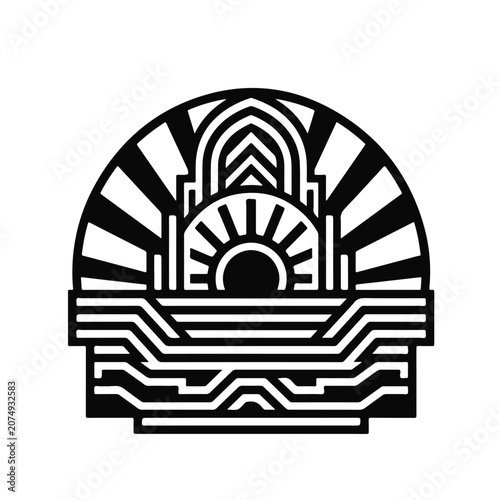 Minimalist black and white art deco sunset emblem featuring geometric rays and stylized ocean waves for modern graphic design