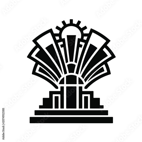 Minimalist Art Deco geometric fan icon featuring sunburst and gear elements on a tiered pedestal base silhouette illustration