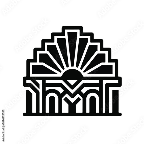 Art Deco geometric architectural building icon featuring symmetrical stepped lines and sunburst design isolated on white background vintage style