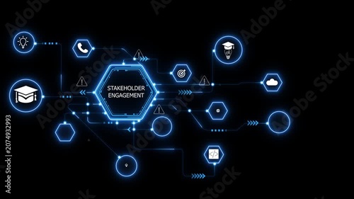 Connecting stakeholders through digital engagement networks, collaboration focused animation with glowing data links and shared communication systems. on transparent background.