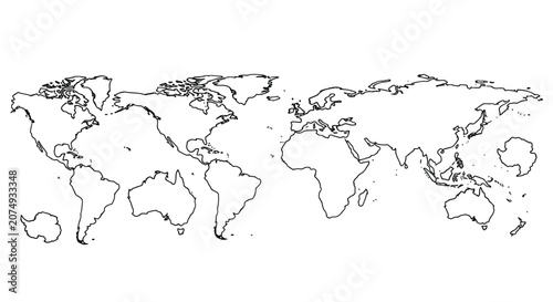 World map outline black and white line drawing on a white background