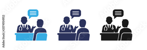 Medical consultation icon set showing doctor talking to patient in office.