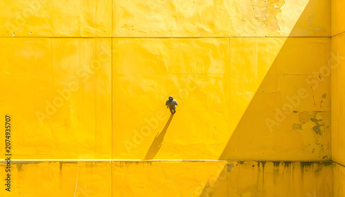 Person standing alone on yellow wall.