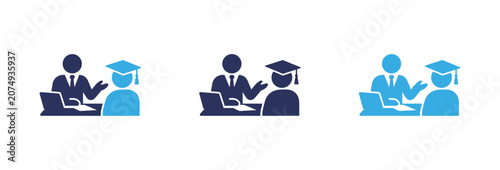 Educational consultation icons showing professor advising student with graduation cap and laptop.