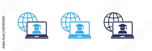 Online education icons featuring laptop with student and globe for global learning concepts.