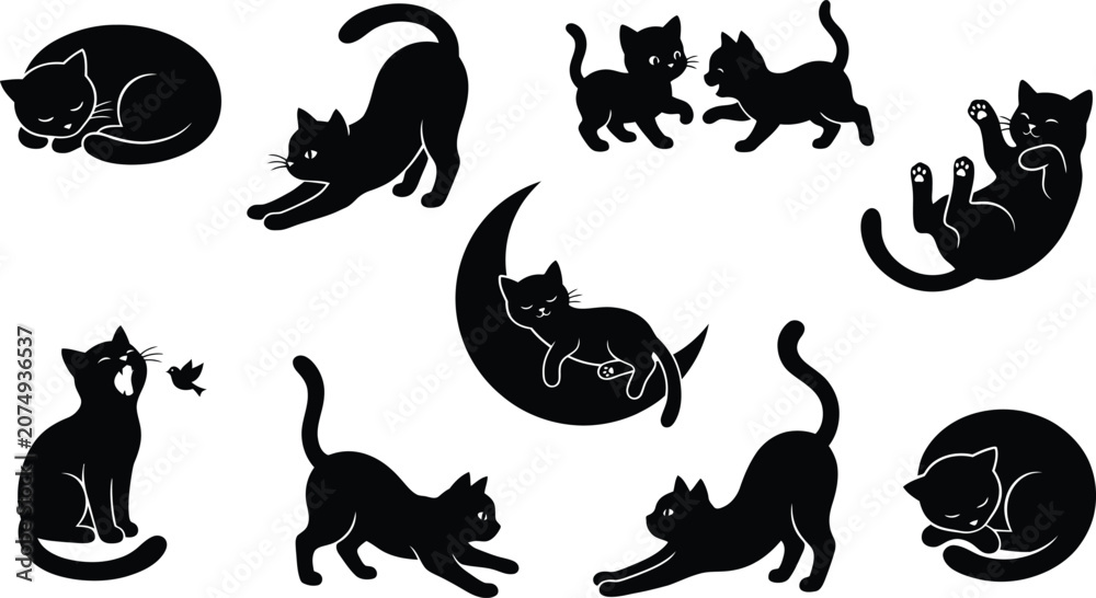 Fototapeta premium Cat silhouettes collection with playful poses and cat on moon vector graphic set isolated on white background for design projects