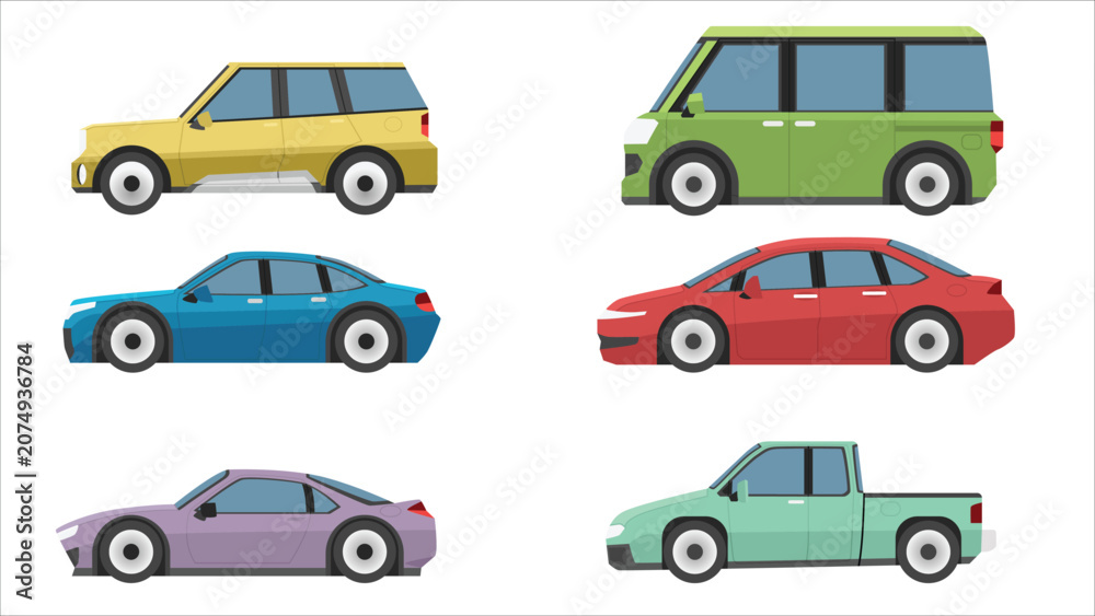 Fototapeta premium Collection of flat vector vehicle icons shown from a side view profile. Set includes various automobiles such as a sports car, sedan, pickup truck, SUV, and van. Isolated white color.