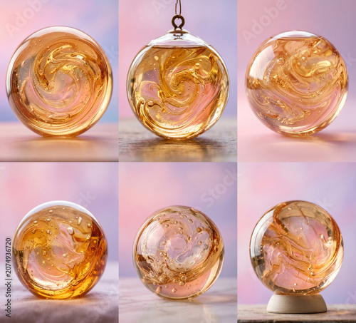 Glass ornaments with swirling patterns in different colors and shapes