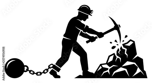Silhouette Miner Breaking Rock with Pickaxe Illustration