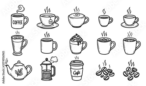 Bild auf Leinwand Hand drawn hot drinks doodle vector illustration set