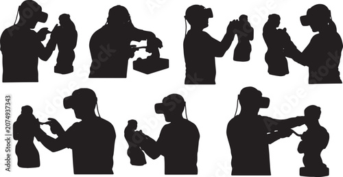 Obraz na plátně Black Solid VR Haptic Glove 3D Sculpting Silhouettes Set of Six on White Backgro