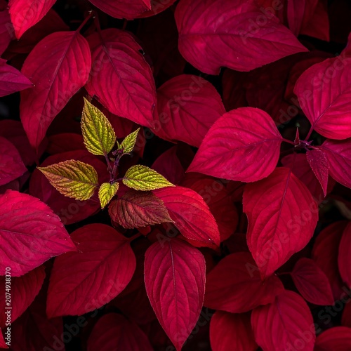 A vibrant close-up of ruby-red leaves with a splash of golden-green foliage. Lush textures create a rich, eye-catching visual experience
