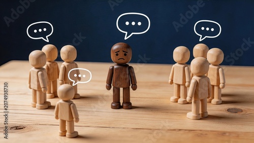 Social exclusion and bullying concept, sad wooden figure standing alone surrounded by group of people whispering, loneliness, isolation
