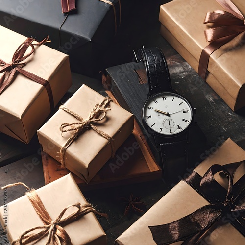 Wrapped gifts and clock on table.