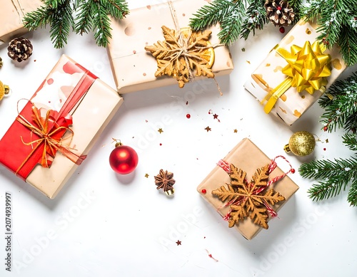 Wrapped Christmas presents with decorations.