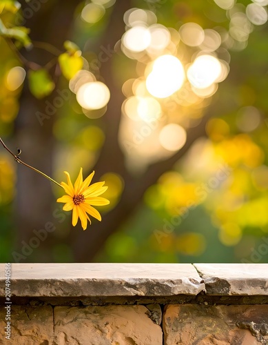 Yellow flower on stone wall outdoors.